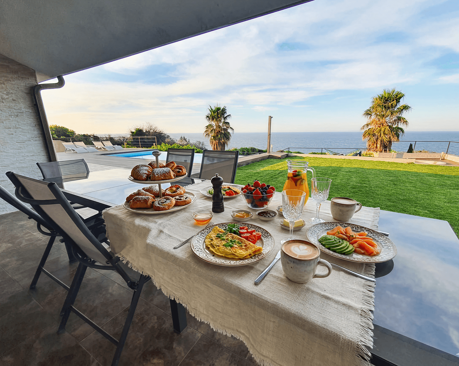 Jardín amplio, piscina y exterior frente al Cantábrico